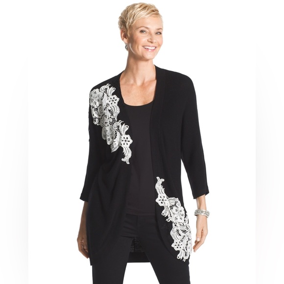 Chico’s Lace Crochet Detailed 3/4 Sleeves Knitted Open Front Cardigan Size L - Picture 3 of 13